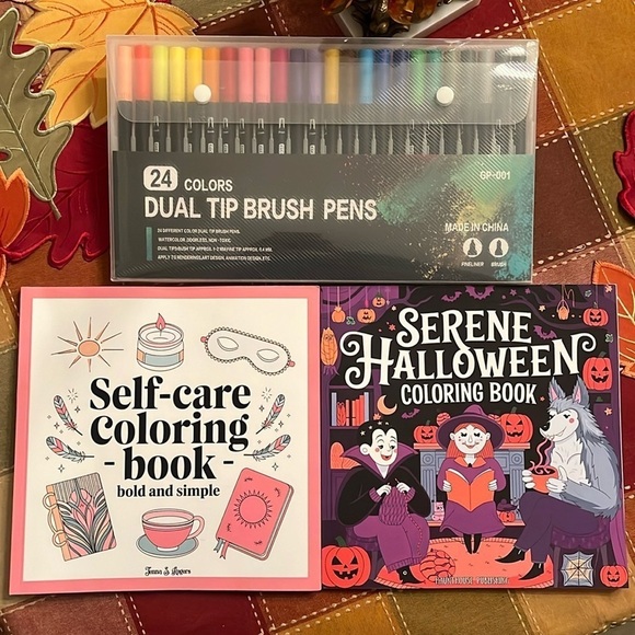 Brand New 24-Color Dual Tip Brush Markers Pen Set & Self-Care Coloring Books - Picture 16 of 16